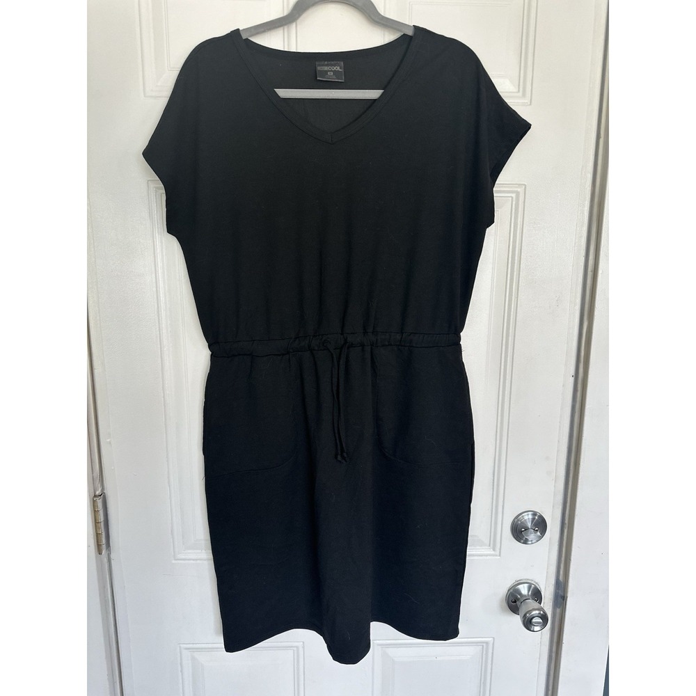 32 Degrees Cool Womens Black V-Neck T-Shirt Dress M Drawstring Pockets Stretch